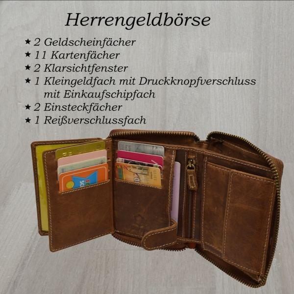 Echt Leder Herren Portemonnaie Vintage Design mit rundum Reißverschluss Geldbörse